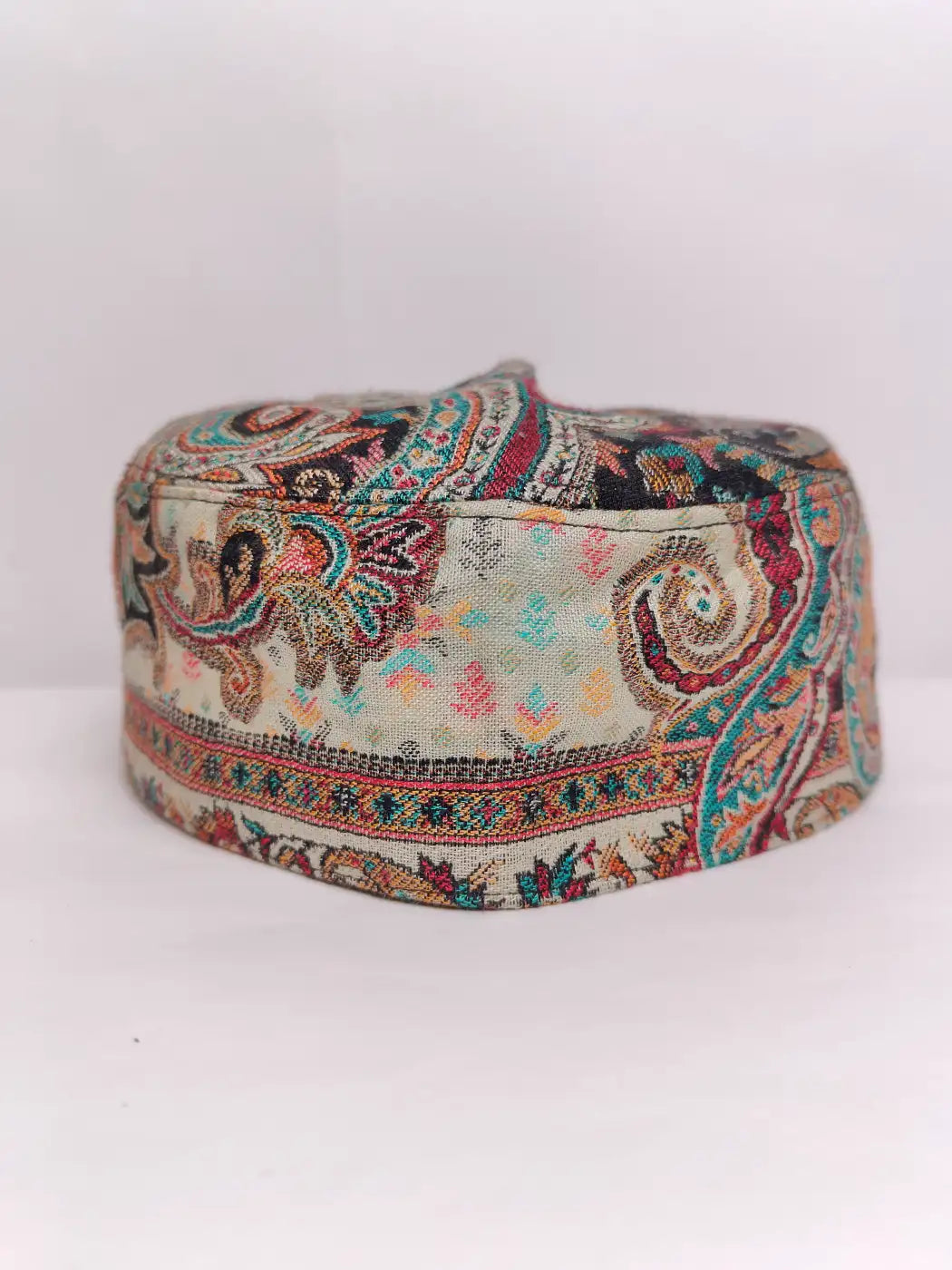 Kashmiri white foldable cap with kani woven florals