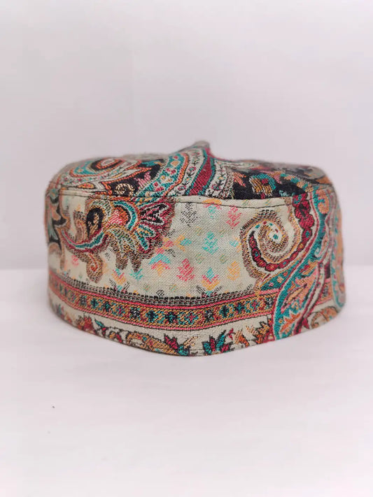 Kashmiri white foldable cap with kani woven florals