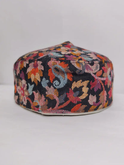 black Kashmiri cap in kani woven pattern 