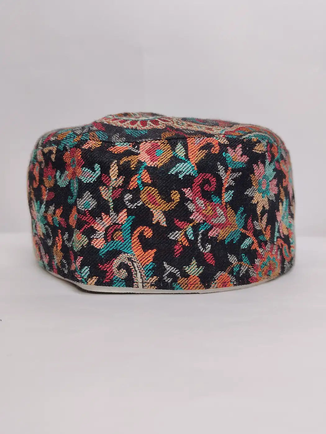 black floral pattern cap from Kashmir 