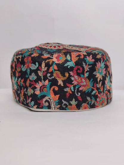 black floral pattern cap from Kashmir 
