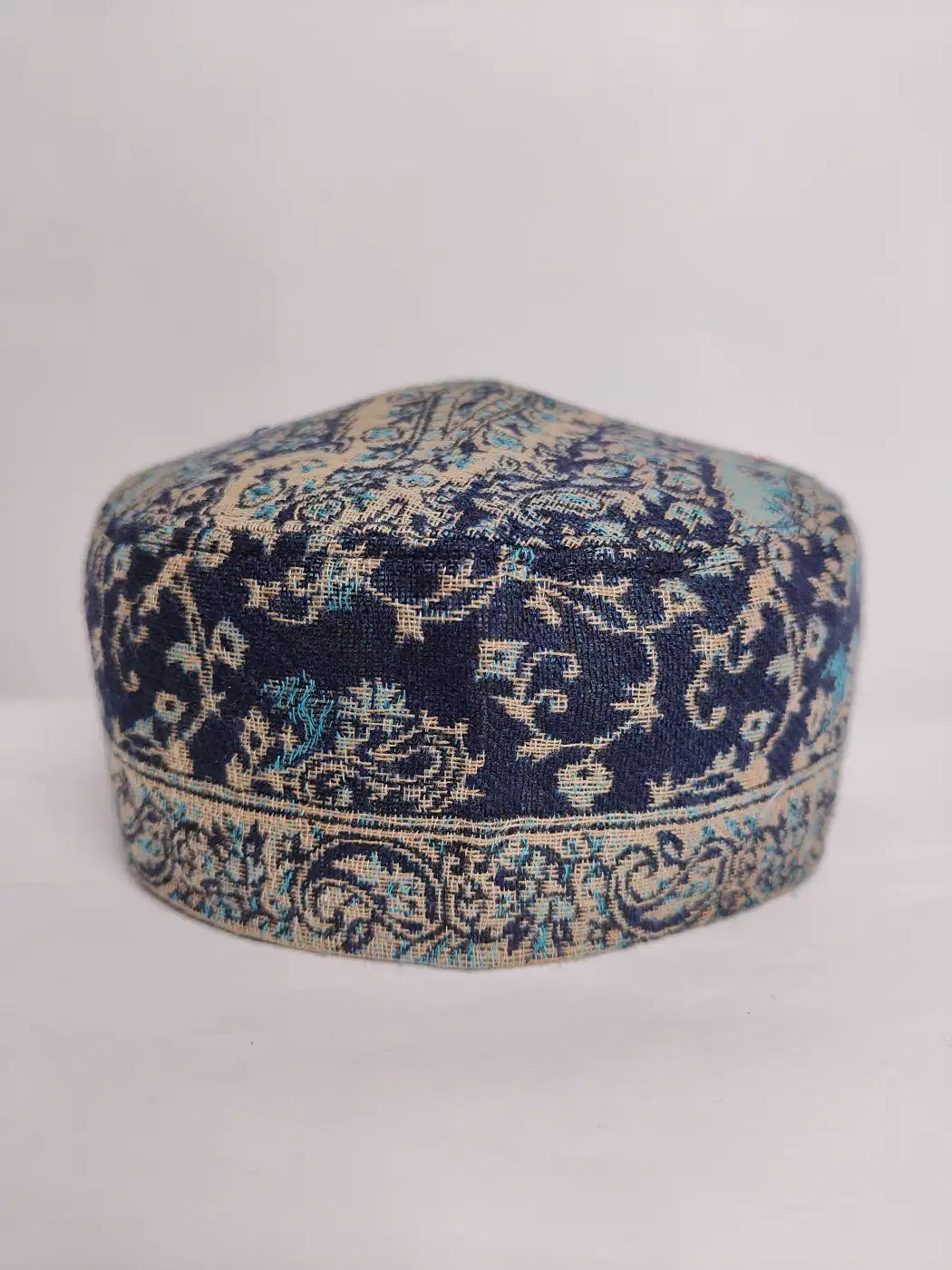 kashmiri kani cap in dark blue floral vine