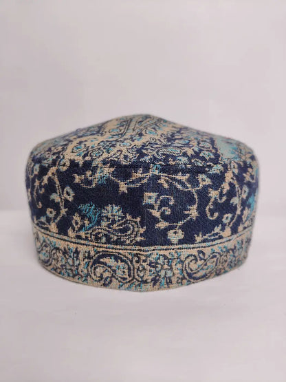 kashmiri kani cap in dark blue floral vine
