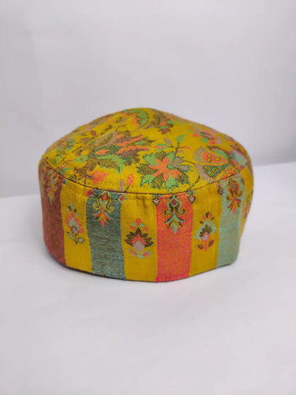 Kashmiri cap in mustard hue with kani lakeer and floral pattern