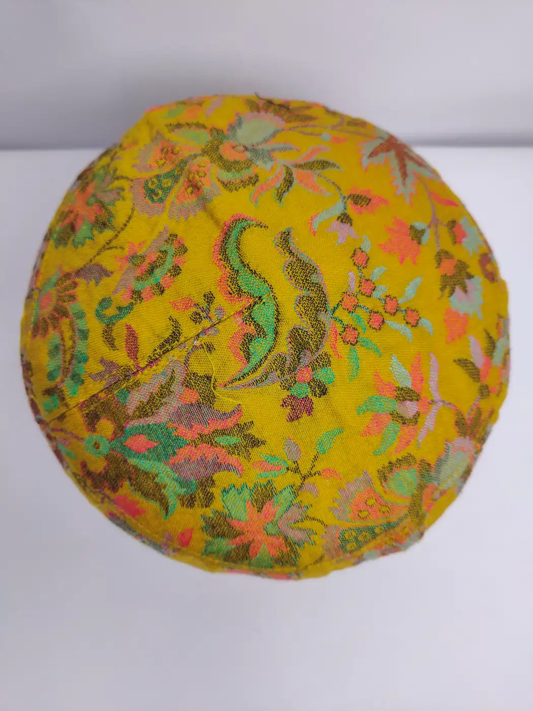 Kashmiri cap in mustard top side in florals