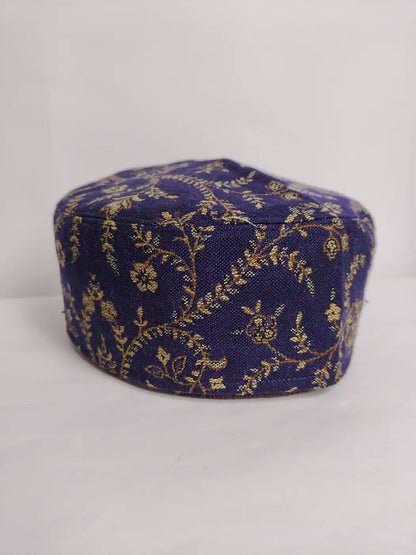 dark blue Kashmiri kani traditional cap with floral vine pattern
