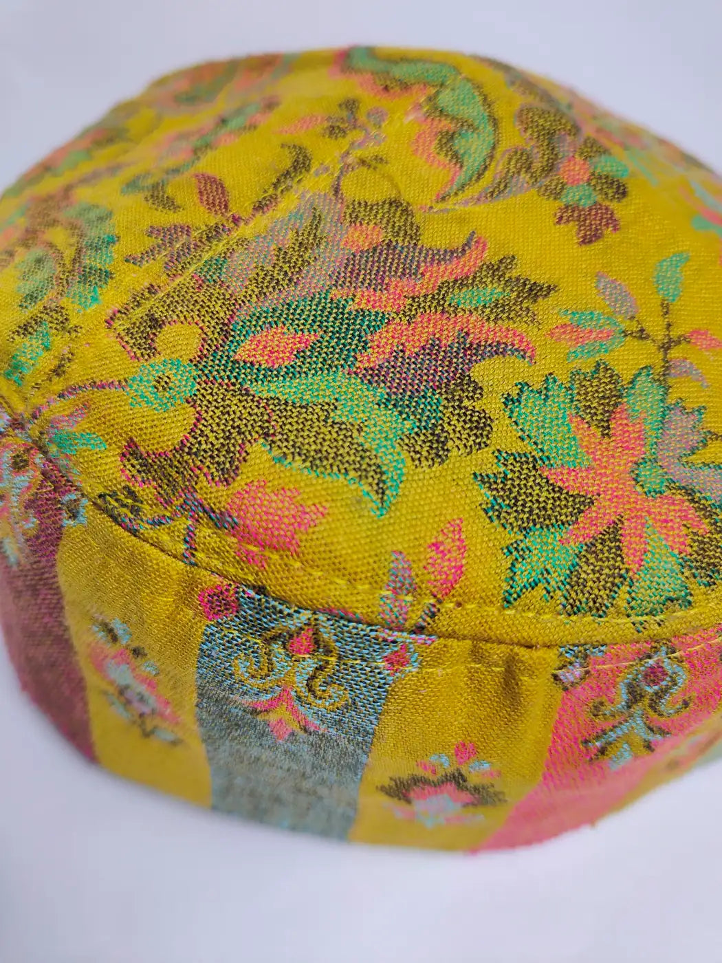 Mustard cap with florals in kani weave