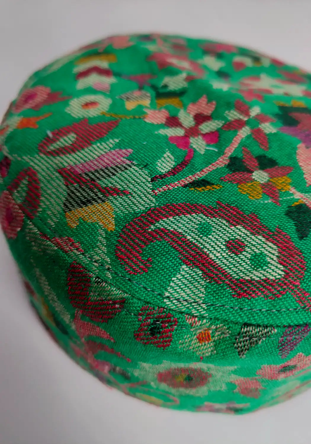 kani woven floral and badam pattern on green kashmiri classic cap 