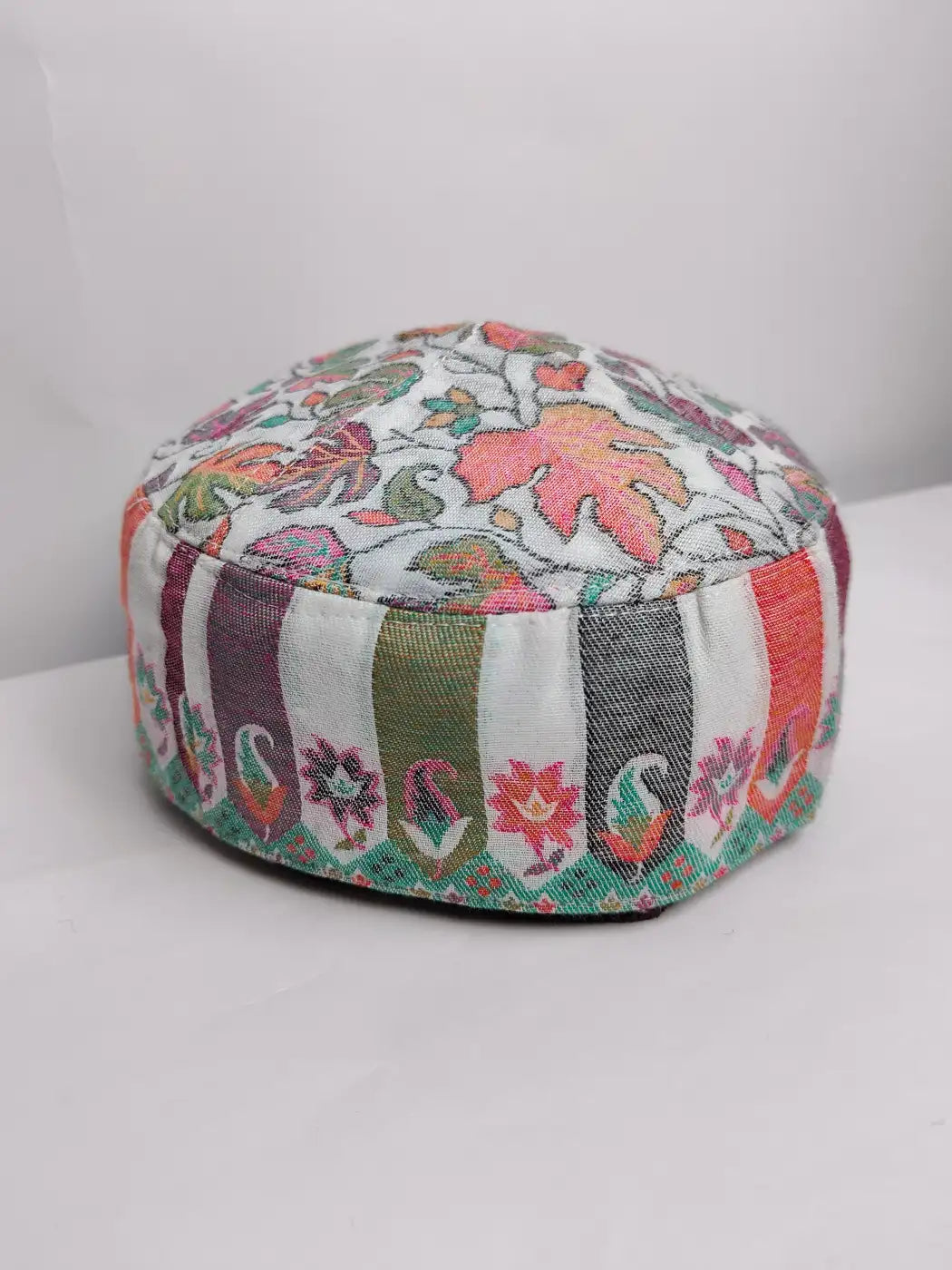 Kashmiri traditional cap in white with kani florals and lakeer pattern