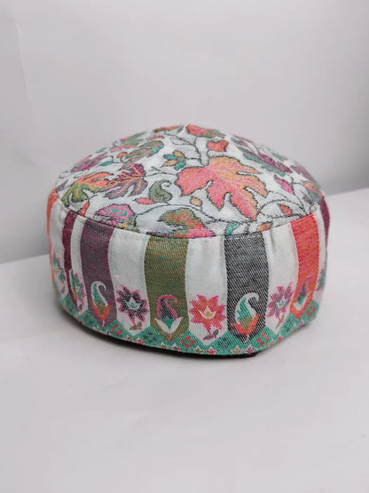 Kashmiri traditional cap in white with kani florals and lakeer pattern
