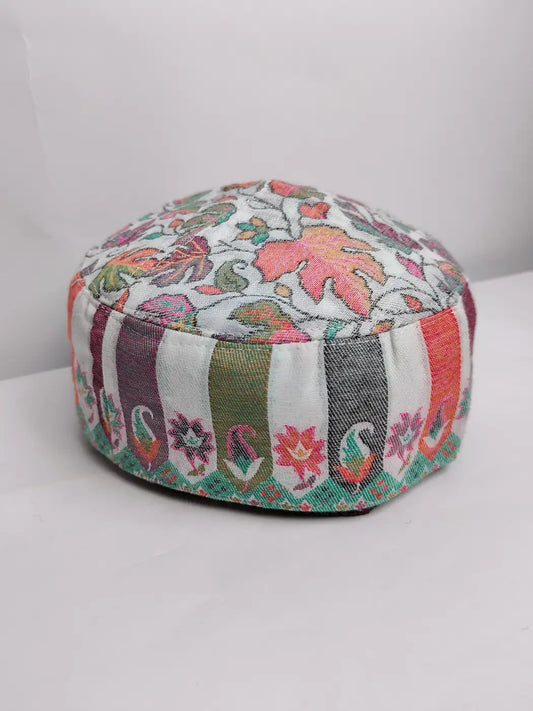 Kashmiri traditional cap in white with kani florals and lakeer pattern