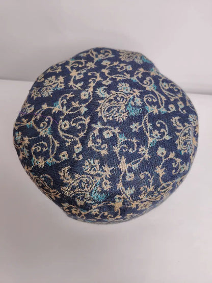 dark blue kani cap from kashmir with vine pattern 