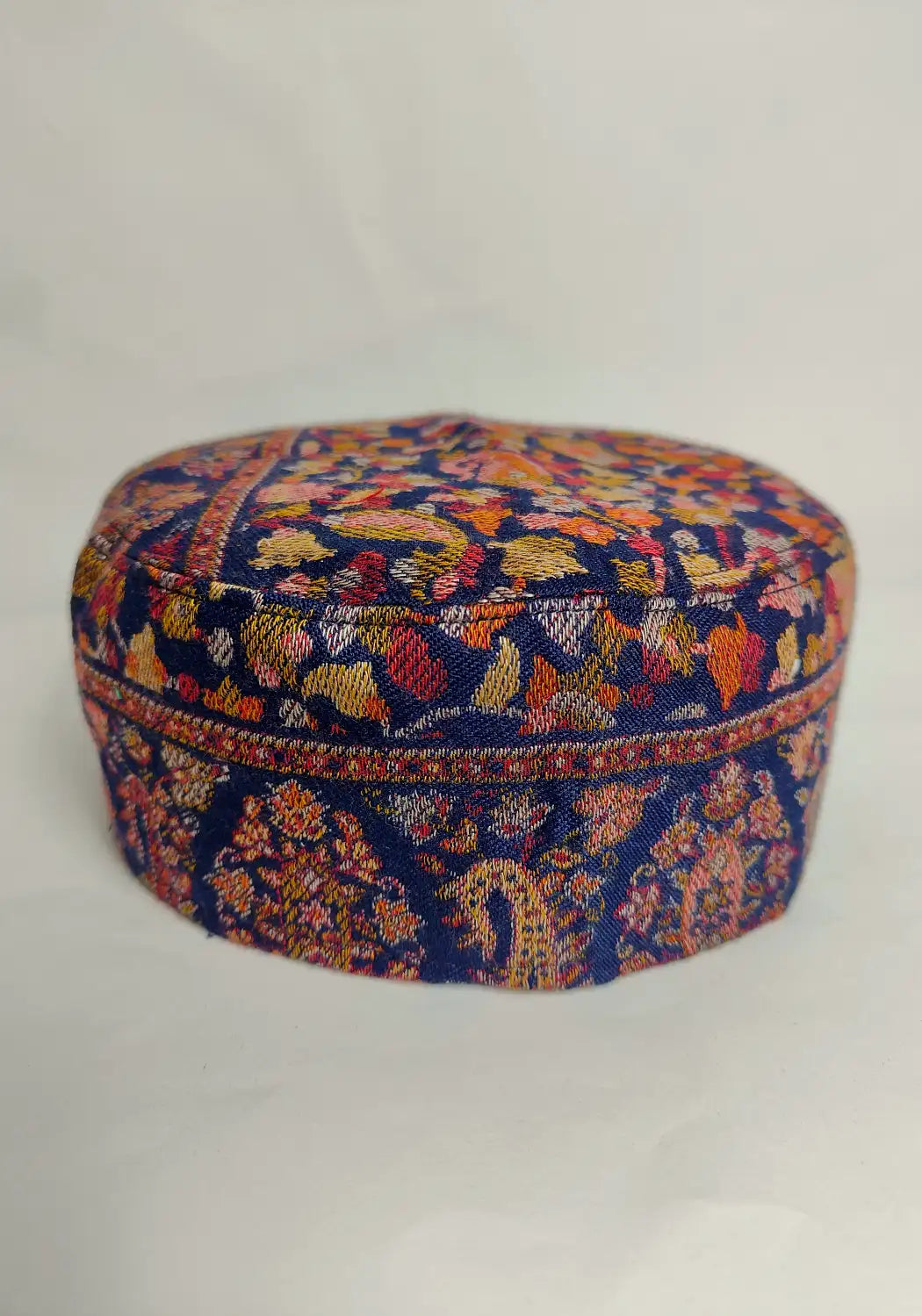 Kashmiri Kani cap unique in dark blue with kani woven floral detailing