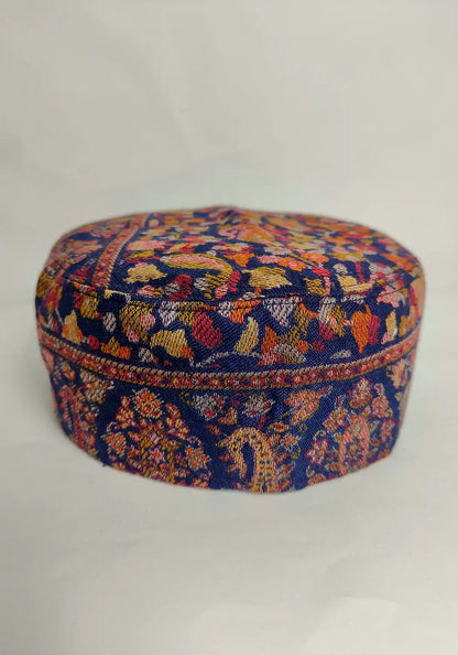 Kashmiri Kani cap unique in dark blue with kani woven floral detailing