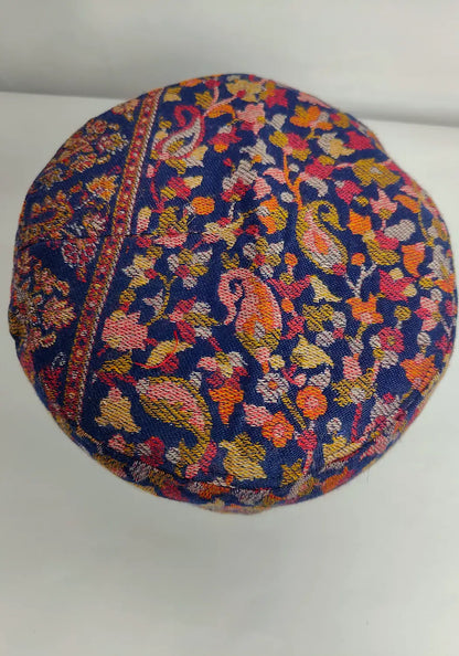 dark blue kani cap top side with kani floral work