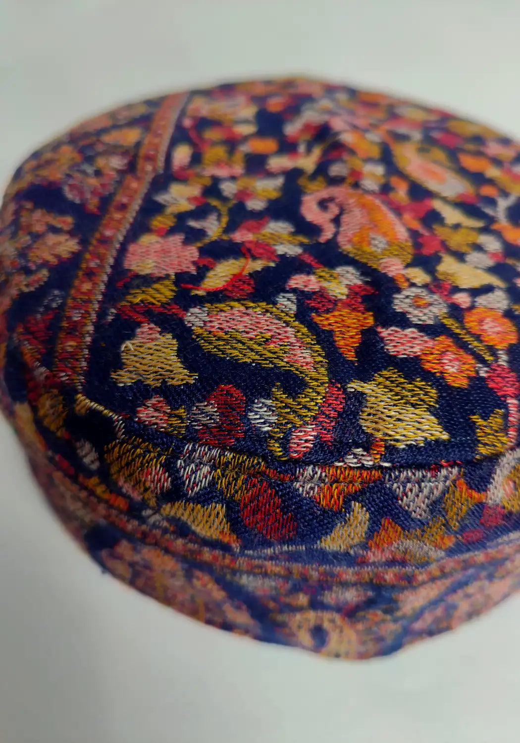 dark blue kani cap from kashmir with floral work 
