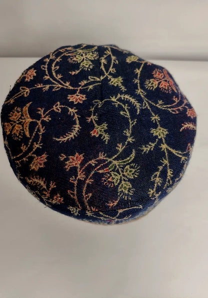 dark blue Kashmiri kani cap in floral kani detailing 