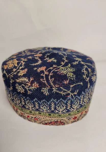 Kashmiri gents cap in dark blue with kani woven vine pattern