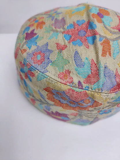 beige kashmiri cap in florals