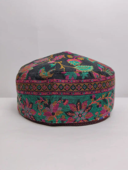 Kashmiri cap in black with florals all over