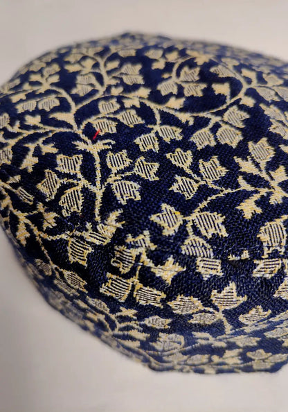 dark blue kashmiri cap with kani floral detailing 