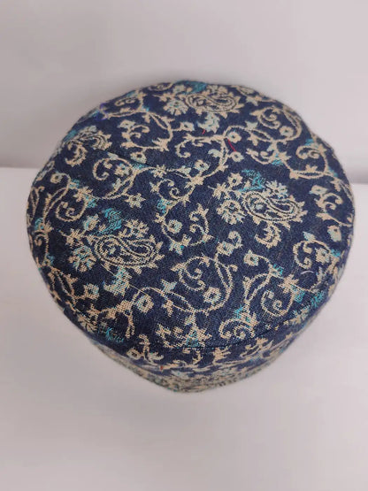 Kashmiri kani cap in dark blue with badam and vine woven pattern on top side 