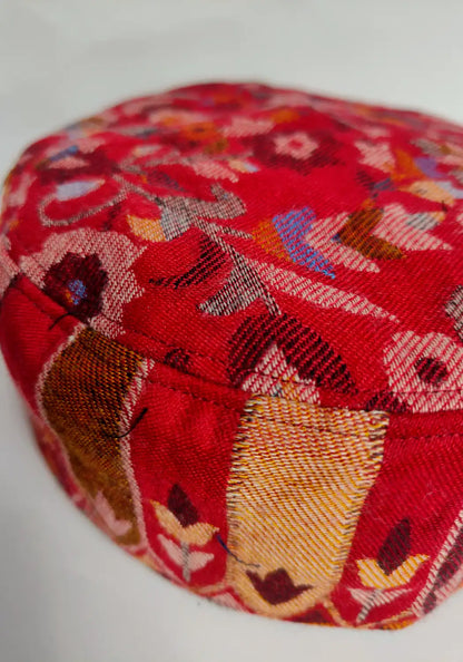 kani detailing on red colour kashmiri kani cap