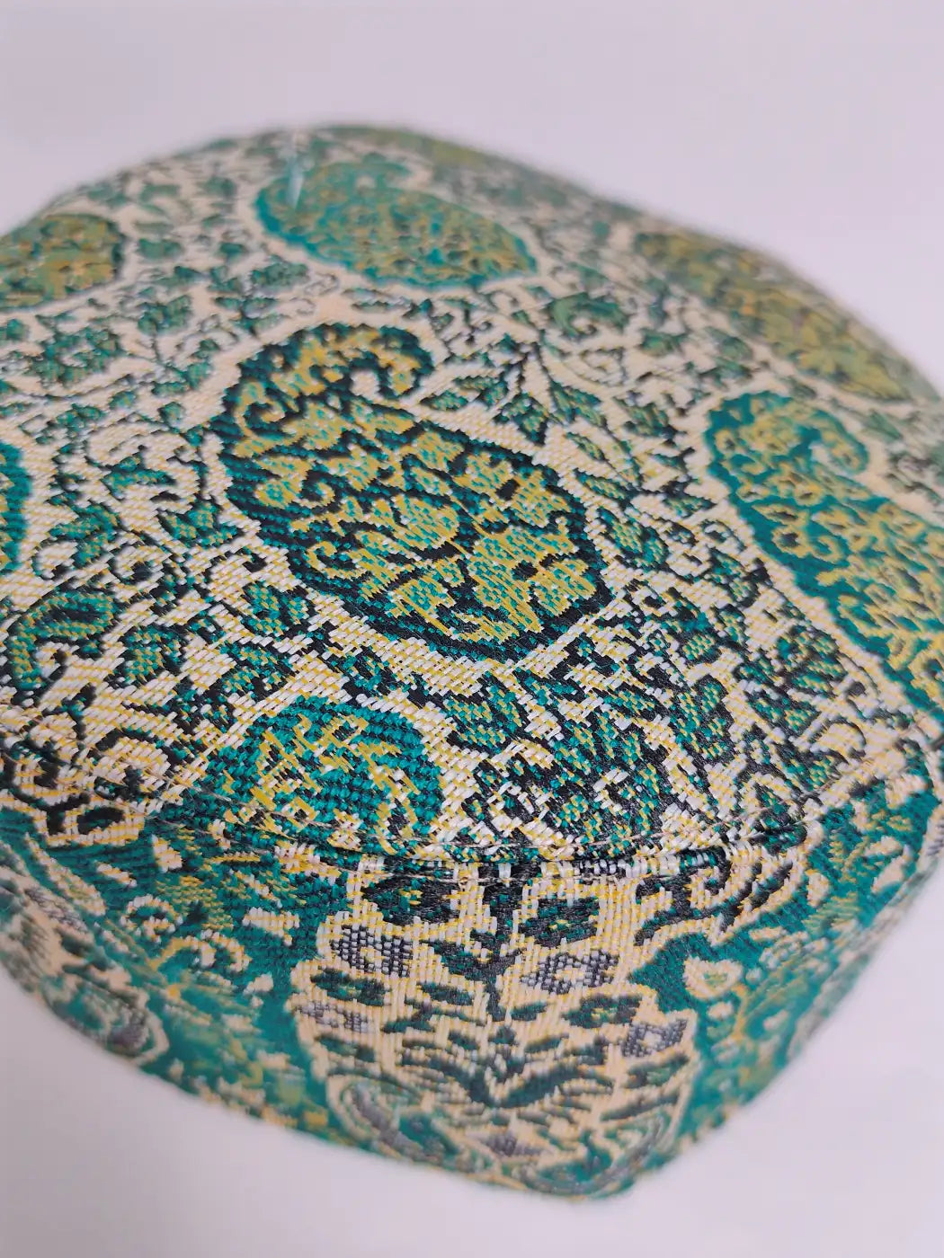 Kashmiri green round kani cap with badam motif kani pattern 