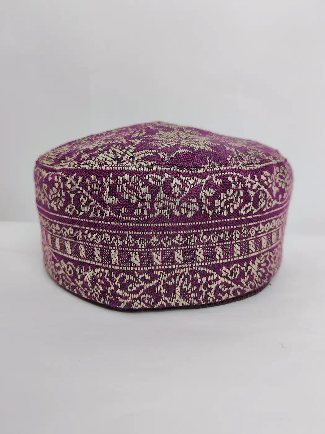 Kashmiri kani cap in purple with floral woven pattern 