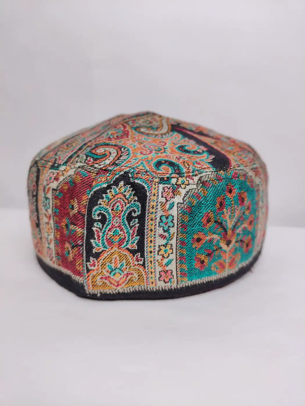 Kashmiri cap in black colour with kani woven patterns