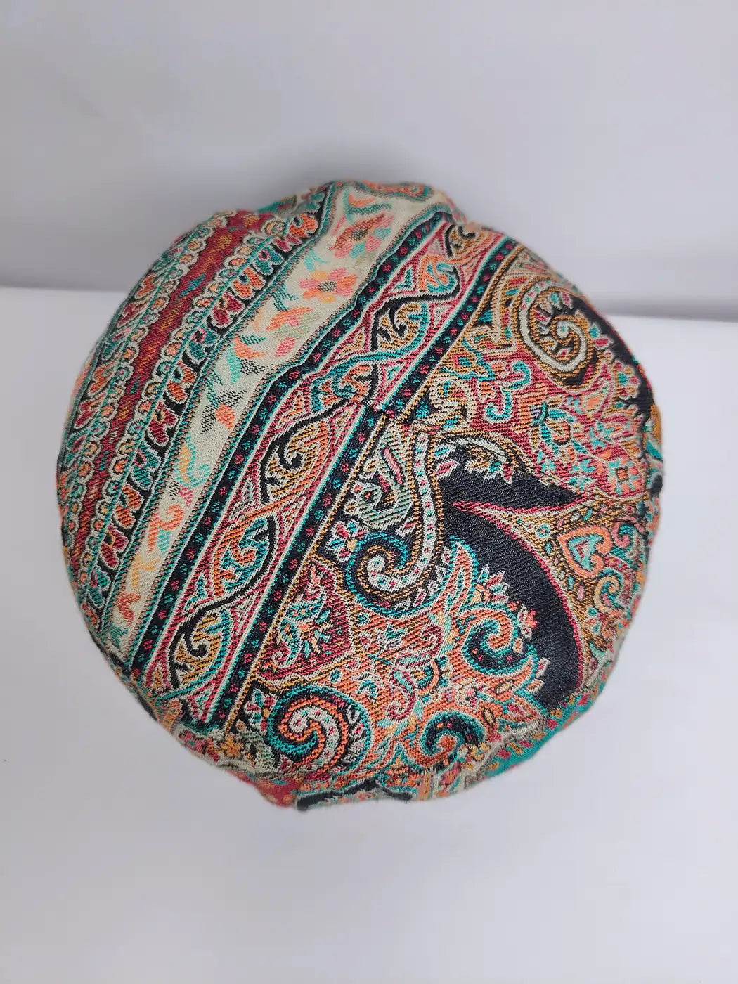 Black top side cap from kashmir with woven kani florals