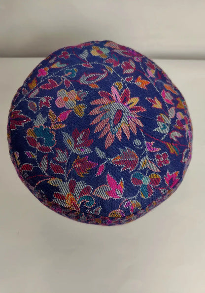 top side of Kashmiri kani cap in floral motifs 