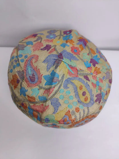 Kashmiri traditional cap in beige with floral and badam in woven patterns
