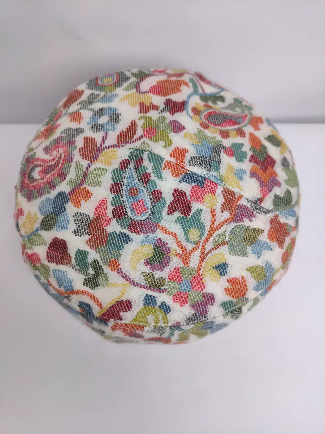 Kashmiri white cap in florals on top side
