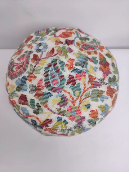 Kashmiri white cap in florals on top side
