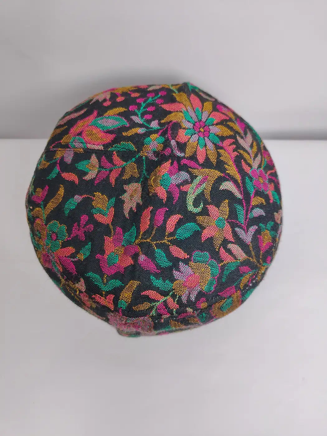 black foldable cap from Kashmir in florals on top side