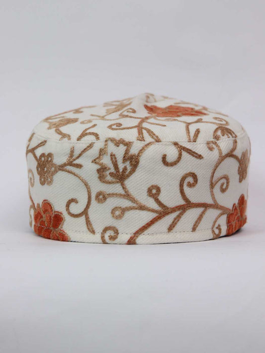 Nizam Kashmiri White Stylish Polywool Cap with Aari Embroidery