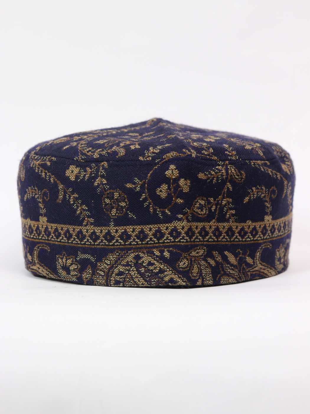 dark blue cap in floral woven pattern 