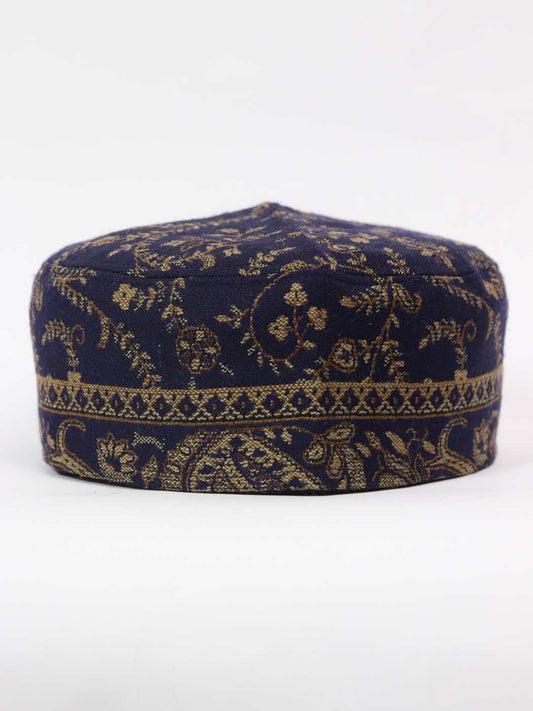 dark blue cap in floral woven pattern 