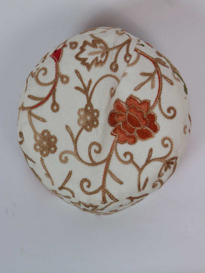 Nizam Kashmiri White Stylish Polywool Cap with Aari Embroidery