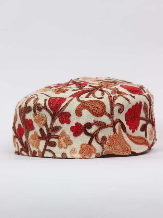 Hafiz Kashmiri White Stylish Polywool Cap with Aari Embroidery