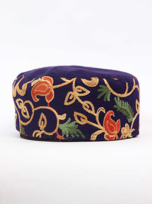 Saaz Kashmiri Navy Blue Stylish Polywool Cap with Aari Embroidery