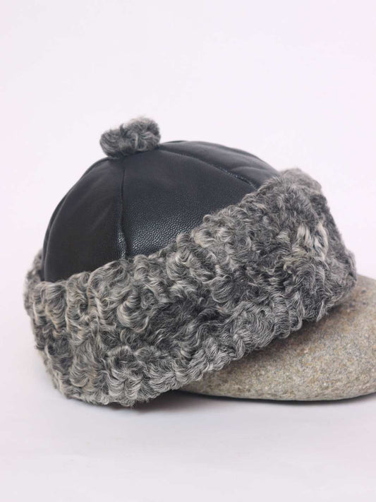 Black Leather Top With Karakul Fur on Brim Ambassador Cap