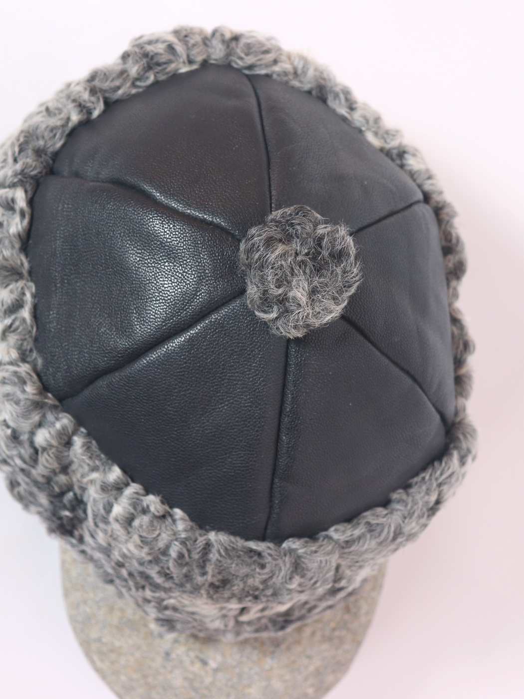 Black Leather Top With Karakul Fur on Brim Ambassador Cap