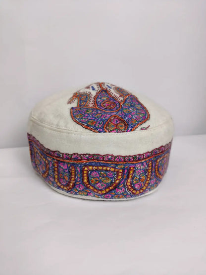 Kashmiri Cream color cap with hand sozni embroidery