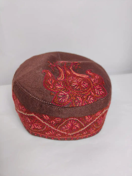 Kashmiri traditional chocolate brown cap with hand sozni embroidery on top side and side s
