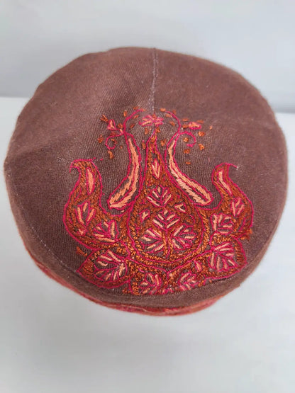 chocolate brown lightweight cap from Kashmir with top side paisley motif hand sozni embroidery