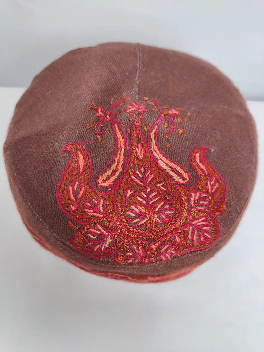 chocolate brown lightweight cap from Kashmir with top side paisley motif hand sozni embroidery