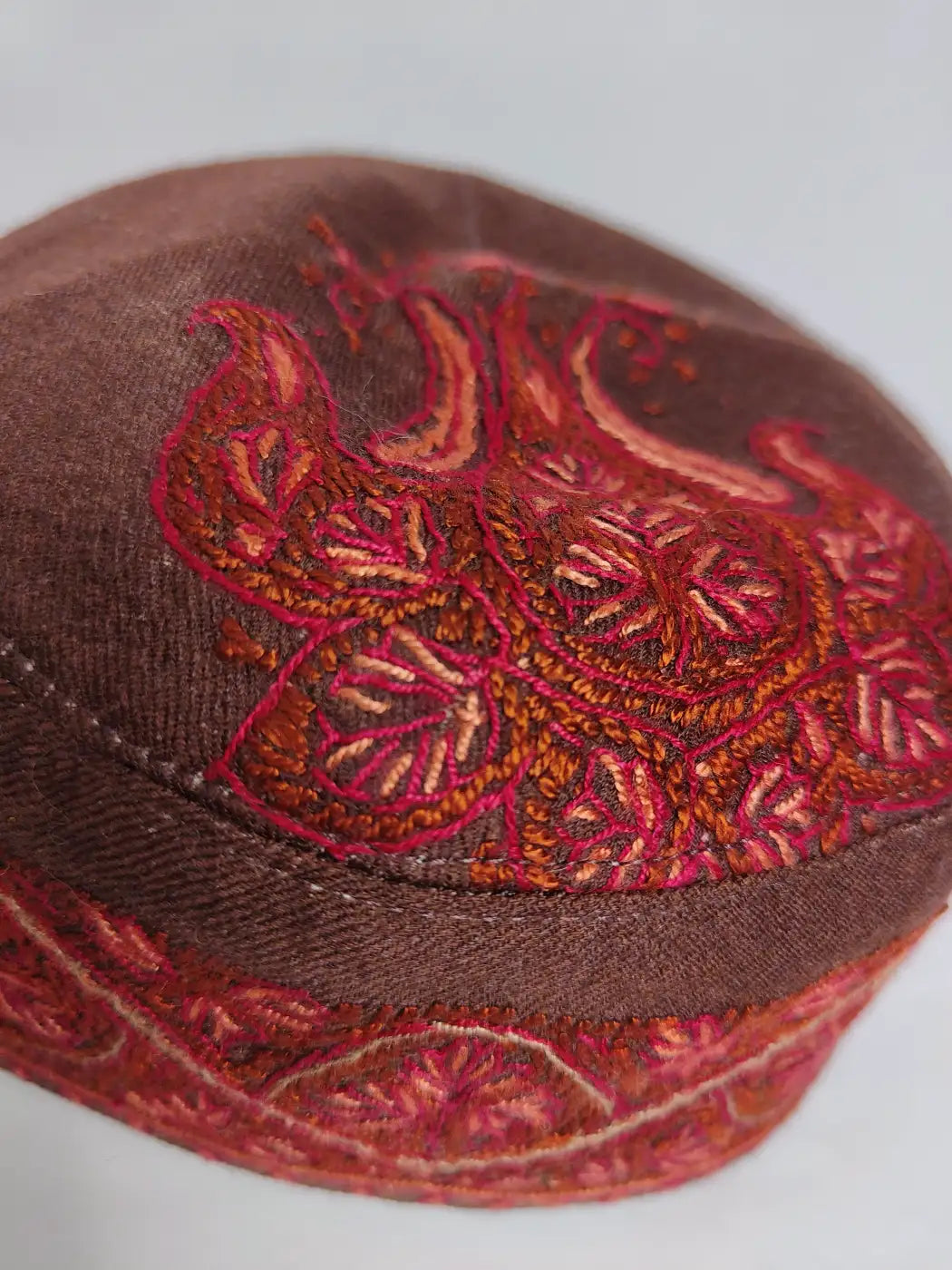 chocolate brown Kashmiri cap with sozni embroidery
