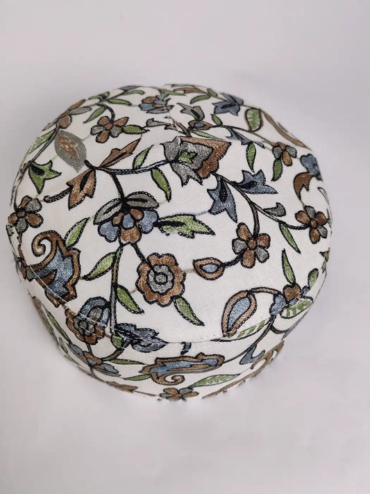 white cap in white wool for gents with nalki aari embroidery 